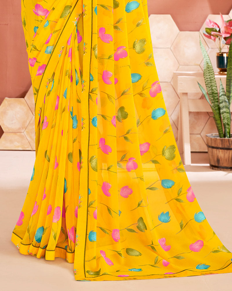 Vishal Prints Dark Yellow Printed Georgette Saree With Fancy Border