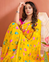 Vishal Prints Dark Yellow Printed Georgette Saree With Fancy Border