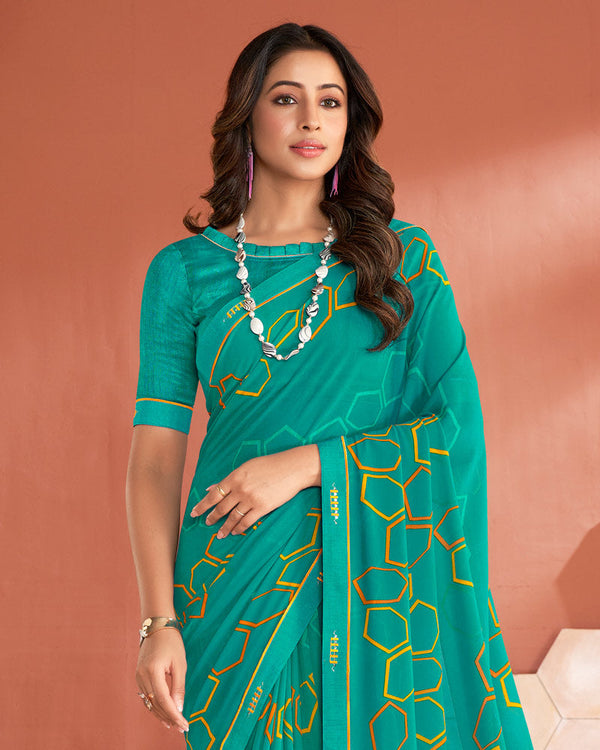 Vishal Prints Teal Green Printed Georgette Saree With Fancy Border