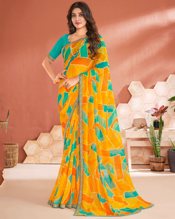 Vishal Prints Yellowish Orange Printed Georgette Saree With Fancy Border