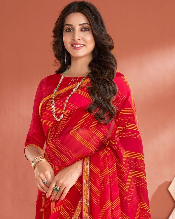 Vishal Prints Cherry Red Printed Georgette Saree With Fancy Border