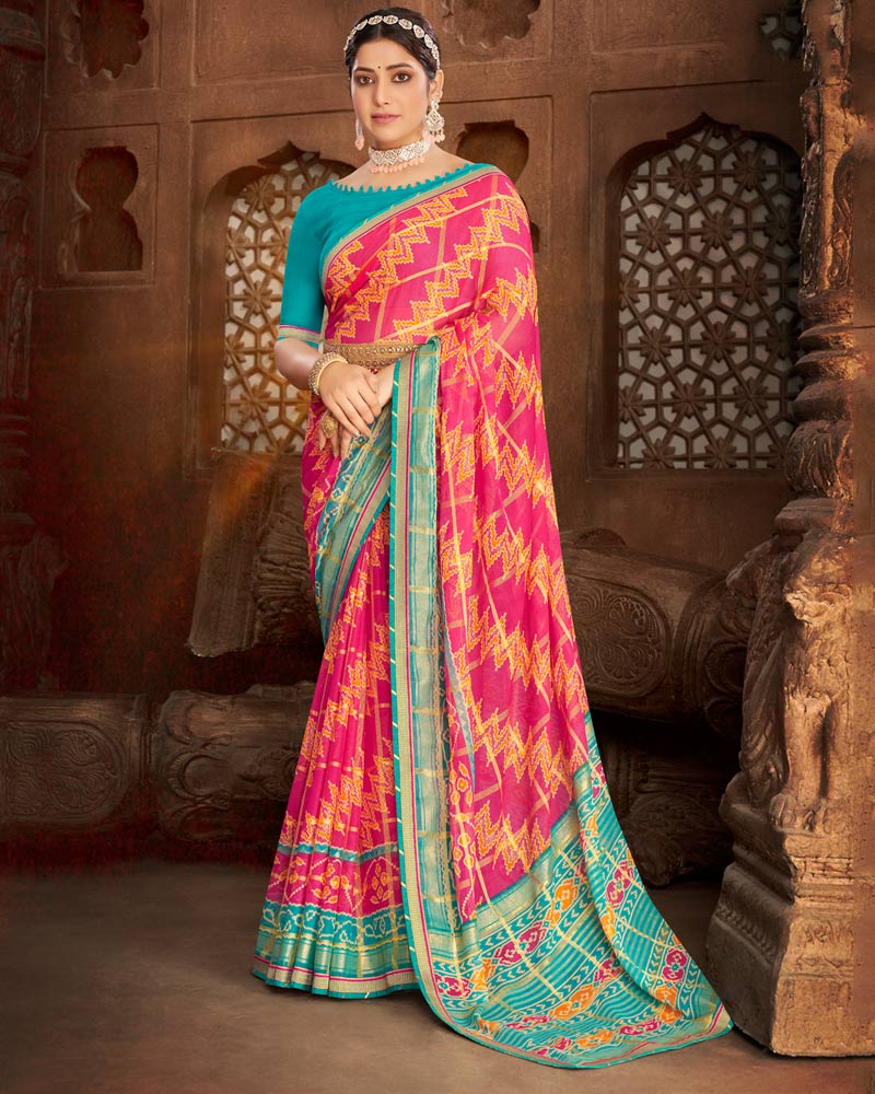 Vishal Prints Red Pink Fancy Chiffon Patola Print Saree With Foil Print And Zari Border