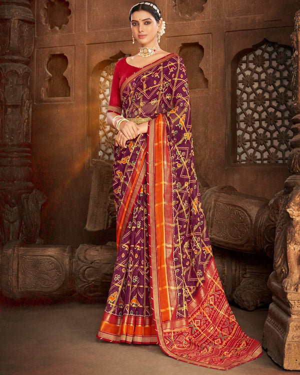 Vishal Prints Wine Fancy Chiffon Patola Print Saree With Foil Print And Zari Border