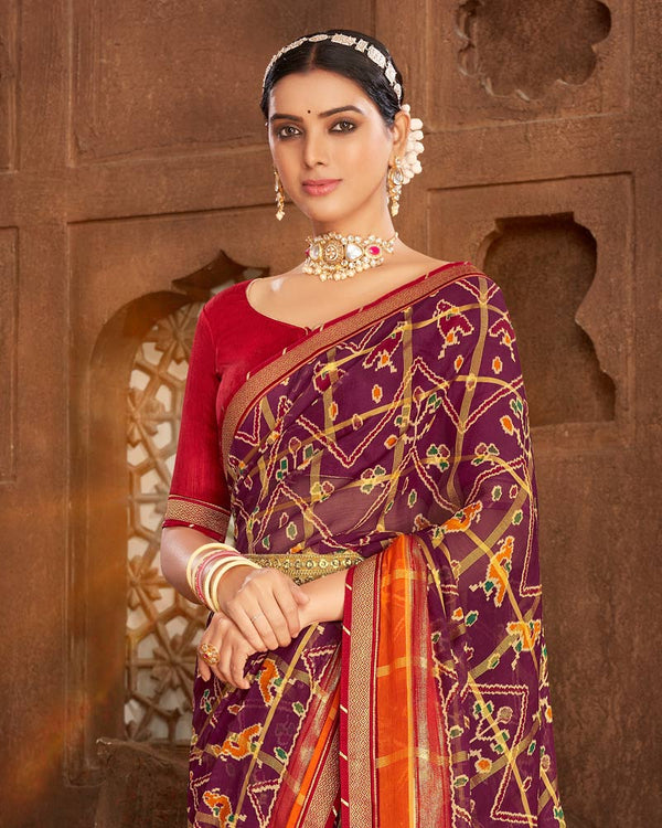 Vishal Prints Wine Fancy Chiffon Patola Print Saree With Foil Print And Zari Border