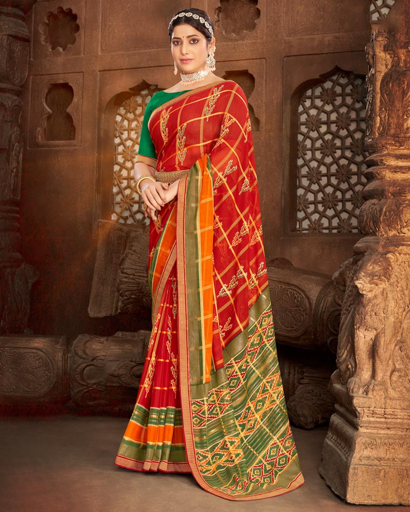 Vishal Prints Cherry Red Fancy Chiffon Patola Print Saree With Foil Print And Zari Border