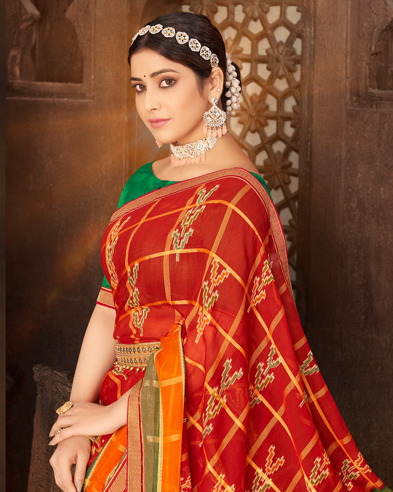 Vishal Prints Cherry Red Fancy Chiffon Patola Print Saree With Foil Print And Zari Border