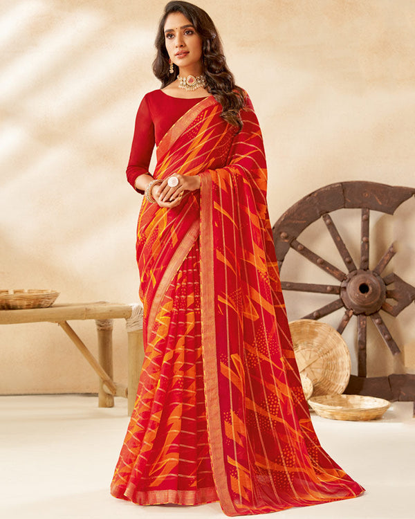 Vishal Prints Cherry Red Printed Fancy Chiffon Saree With Core Piping