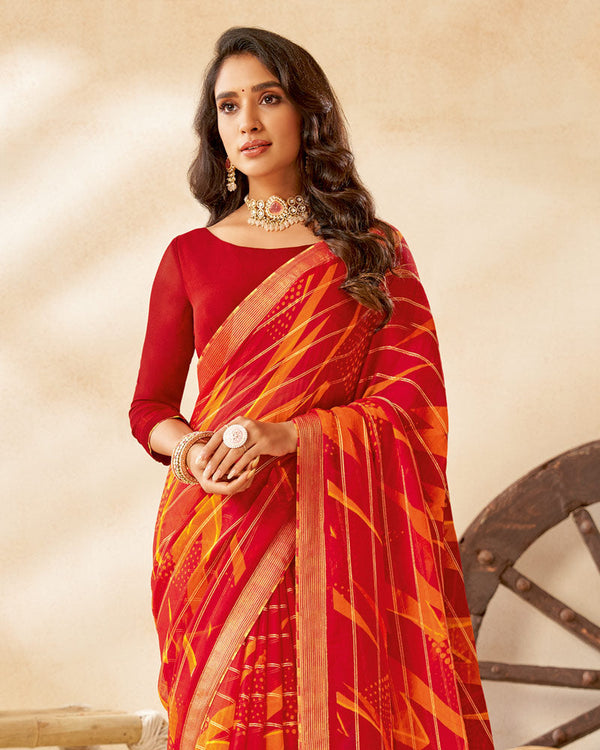 Vishal Prints Cherry Red Printed Fancy Chiffon Saree With Core Piping