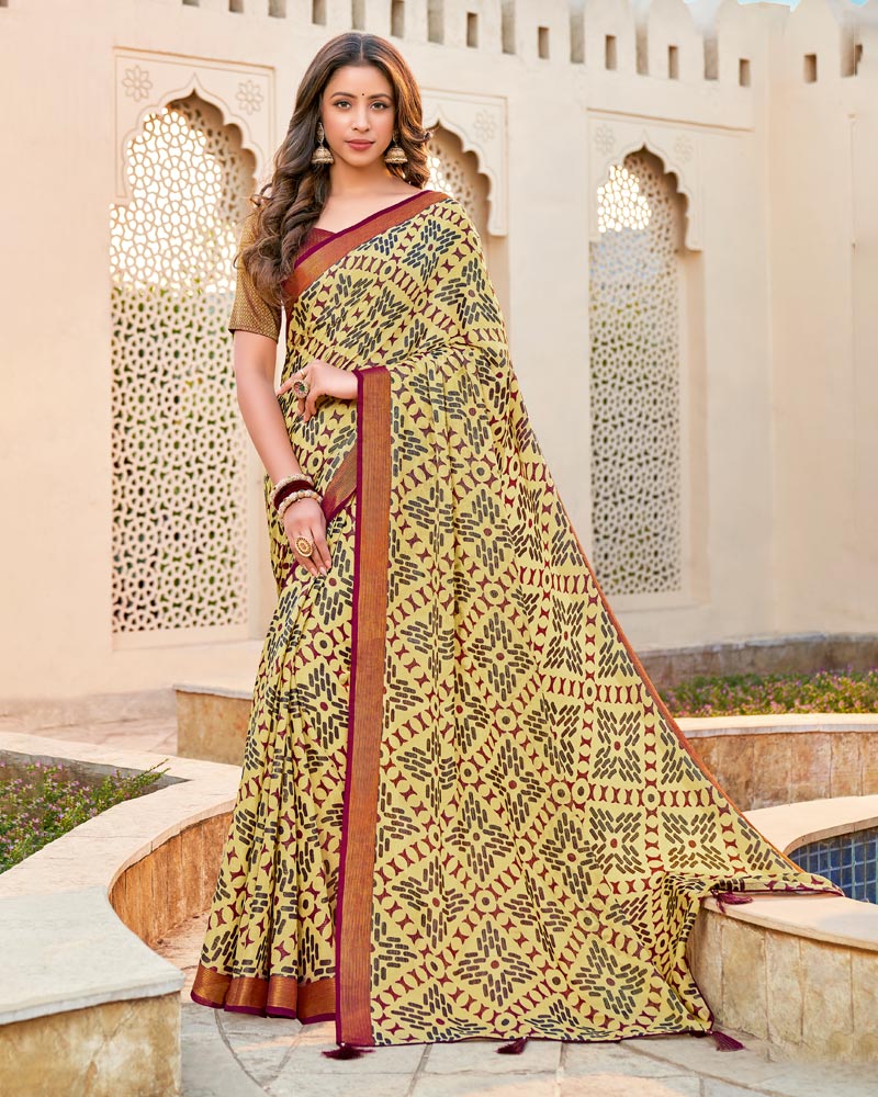 Vishal Prints Light Yellow Brasso Saree With Tassel