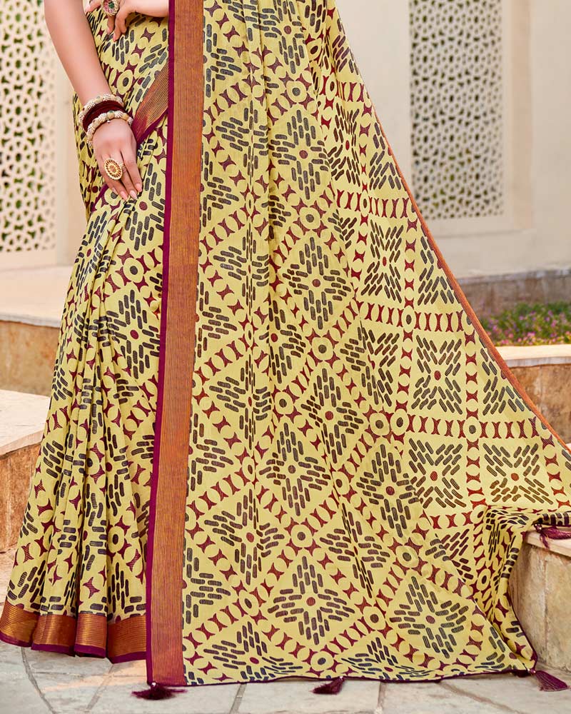 Vishal Prints Light Yellow Brasso Saree With Tassel