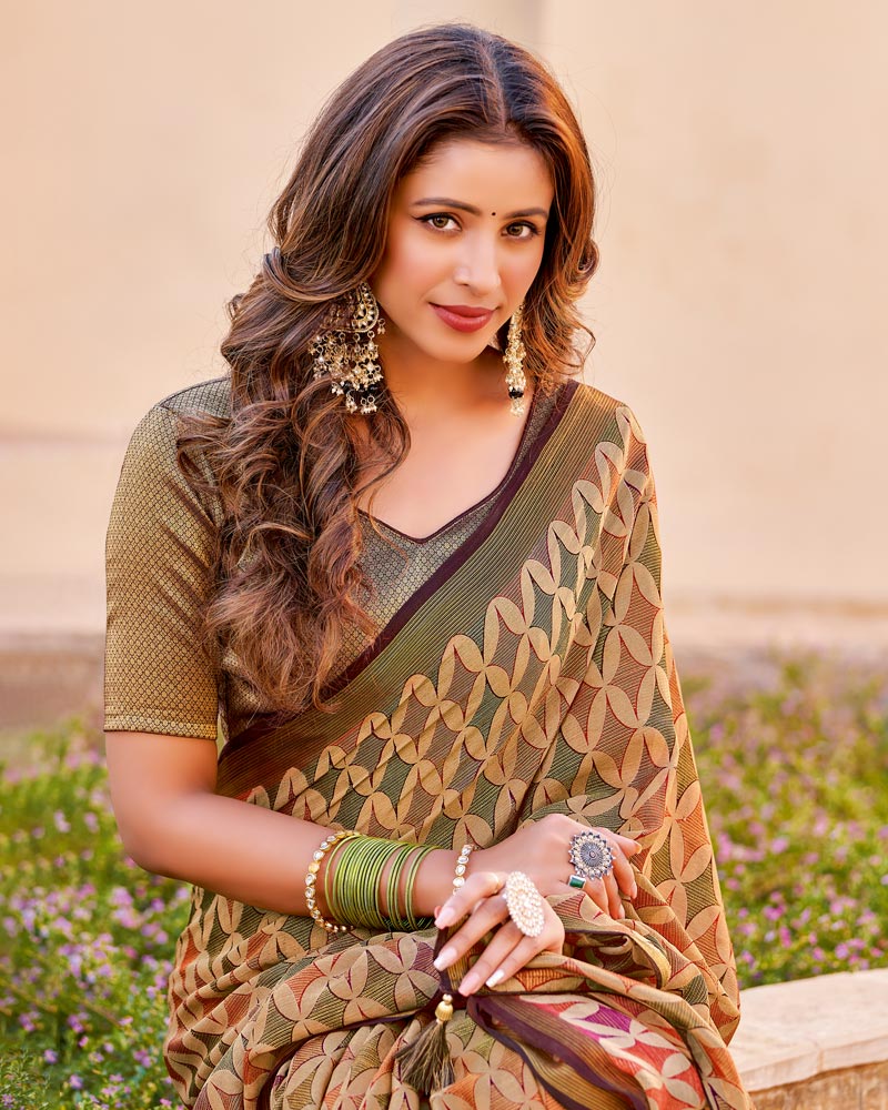 Vishal Prints Brown Brasso Saree With Tassel