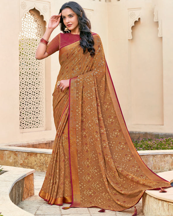 Vishal Prints Brownish Orange Brasso Saree With Tassel