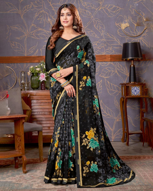 Vishal Prints Black And Spring Green Printed Georgette Saree With Fancy Border