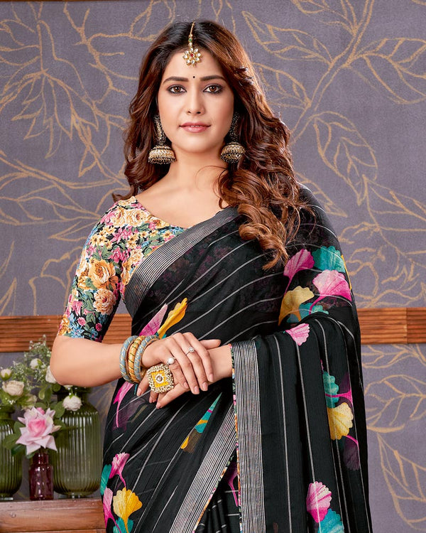 Vishal Prints Black And Multi Color Printed Georgette Saree With Fancy Border