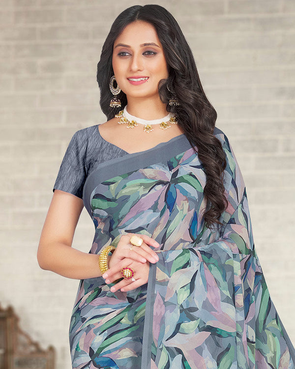 Vishal Prints Slate Grey Digital Print Weightless Georgette Saree