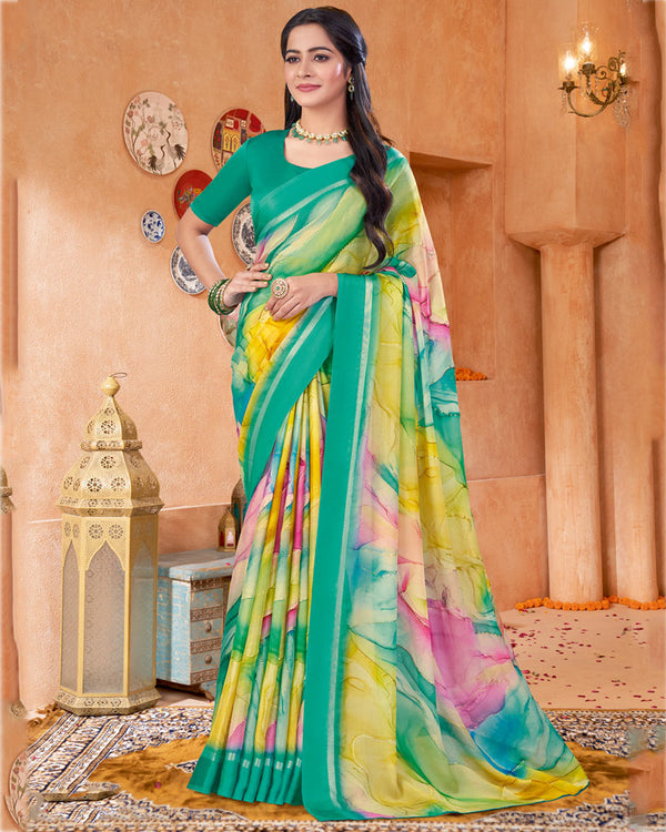 Vishal Prints Aqua Green Digital Print Chiffon Saree With Foil Print And Weaved Satin Patta