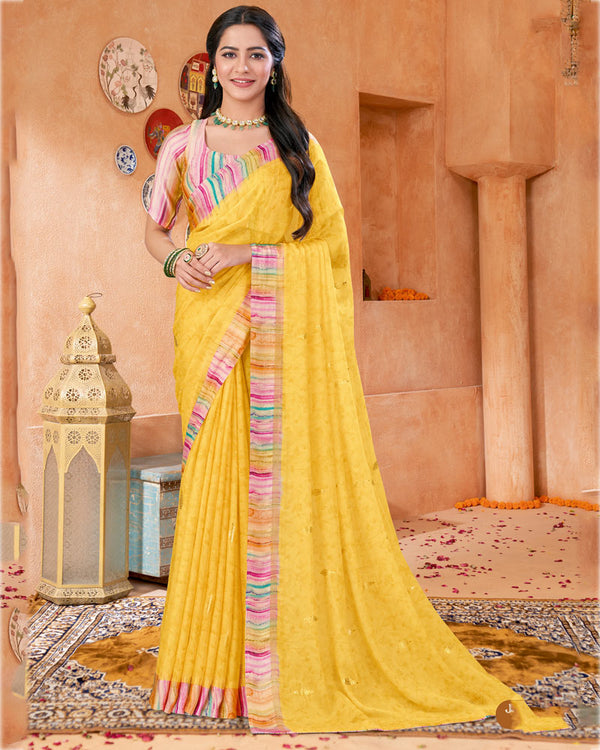 Vishal Prints Golden Yellow Digital Print Chiffon Saree With Foil Print And Weaved Satin Patta