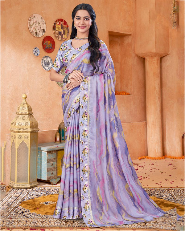 Vishal Prints Lavender Grey Digital Print Chiffon Saree With Foil Print And Weaved Satin Patta