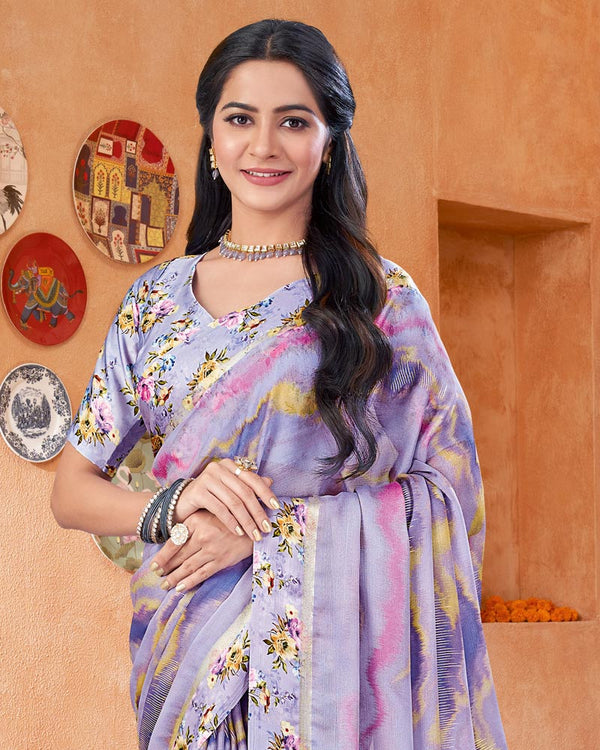 Vishal Prints Lavender Grey Digital Print Chiffon Saree With Foil Print And Weaved Satin Patta