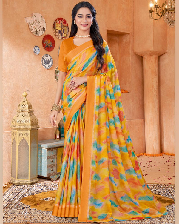 Vishal Prints Saffron Color Digital Print Chiffon Saree With Foil Print And Weaved Satin Patta