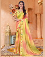 Vishal Prints Light Yellow Digital Print Chiffon Saree With Foil Print And Weaved Satin Patta