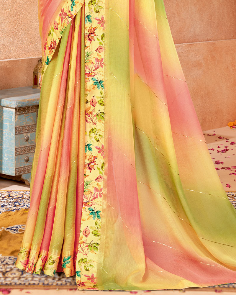 Vishal Prints Light Yellow Digital Print Chiffon Saree With Foil Print And Weaved Satin Patta