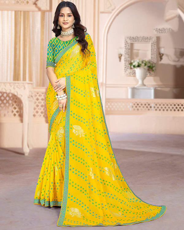 Vishal Prints Dark Yellow Printed Chiffon Bandhani Print Saree With Foil Print And Zari Border