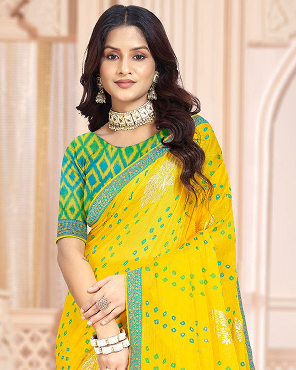 Vishal Prints Dark Yellow Printed Chiffon Bandhani Print Saree With Foil Print And Zari Border