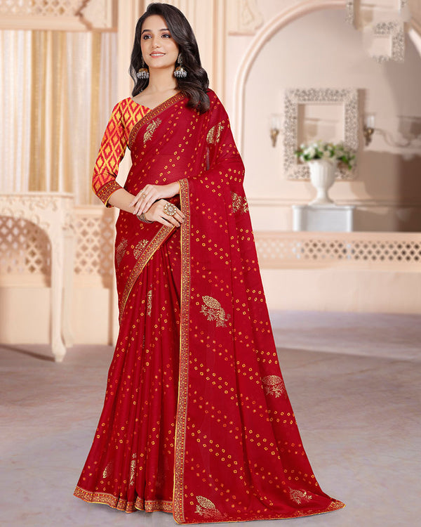 Vishal Prints Dark Red Printed Chiffon Bandhani Print Saree With Foil Print And Zari Border