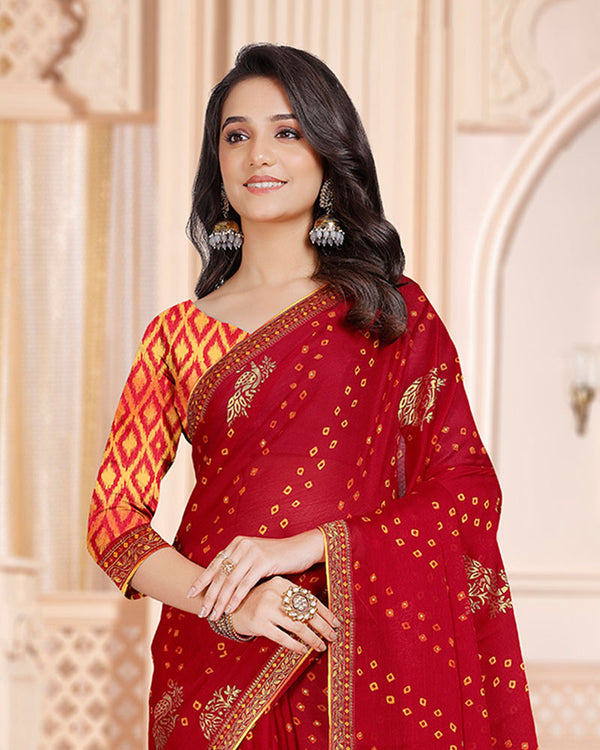 Vishal Prints Dark Red Printed Chiffon Bandhani Print Saree With Foil Print And Zari Border