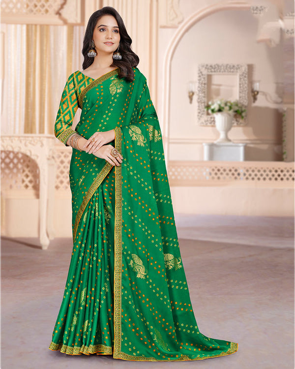 Vishal Prints Dark Green Printed Chiffon Bandhani Print Saree With Foil Print And Zari Border