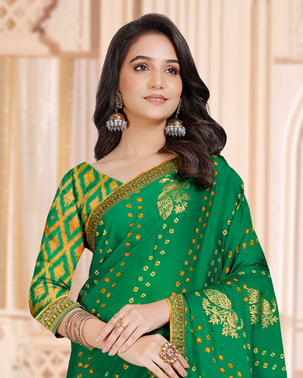 Vishal Prints Dark Green Printed Chiffon Bandhani Print Saree With Foil Print And Zari Border