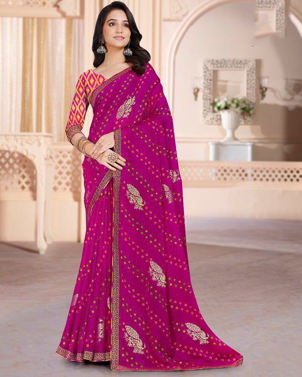 Vishal Prints Dark Fuchsia Printed Chiffon Bandhani Print Saree With Foil Print And Zari Border