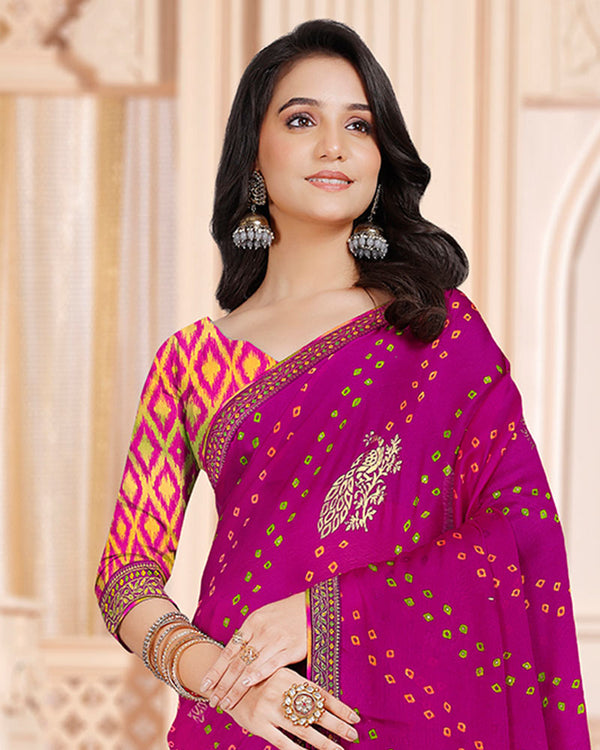 Vishal Prints Dark Fuchsia Printed Chiffon Bandhani Print Saree With Foil Print And Zari Border