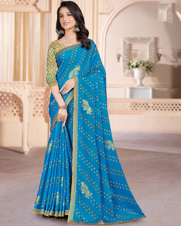 Vishal Prints Bondi Blue Printed Chiffon Bandhani Print Saree With Foil Print And Zari Border