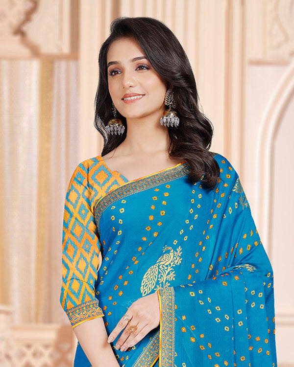 Vishal Prints Bondi Blue Printed Chiffon Bandhani Print Saree With Foil Print And Zari Border