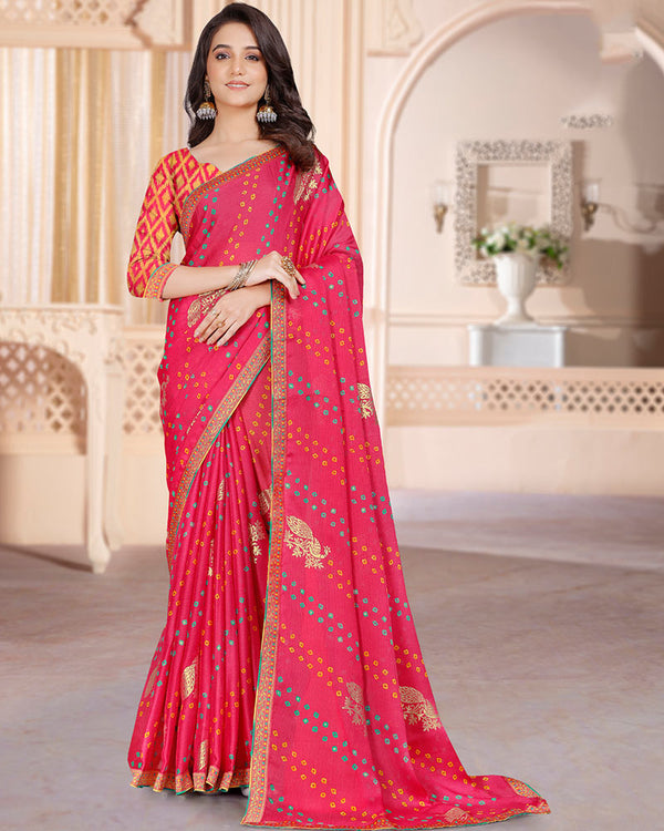 Vishal Prints Red Pink Printed Chiffon Bandhani Print Saree With Foil Print And Zari Border