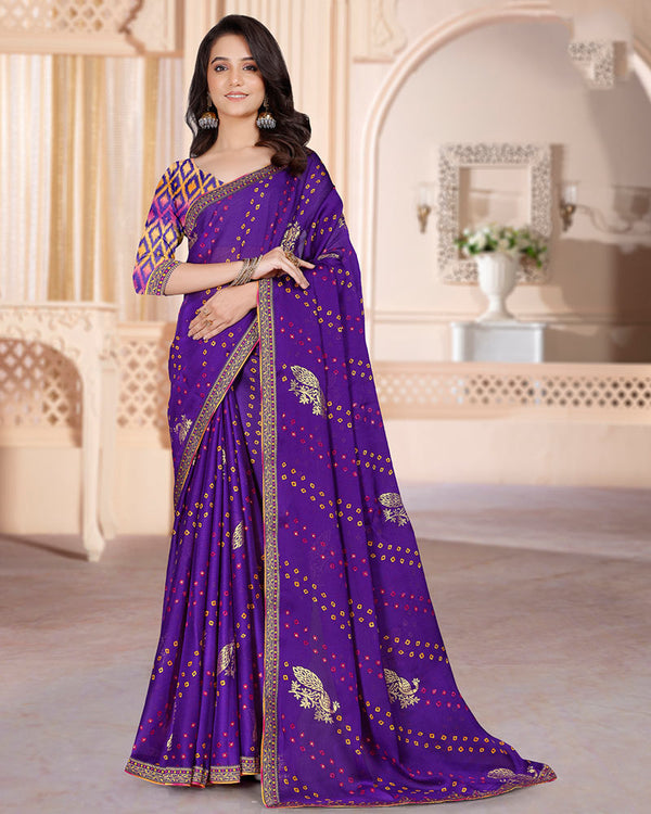 Vishal Prints Royal Purple Printed Chiffon Bandhani Print Saree With Foil Print And Zari Border