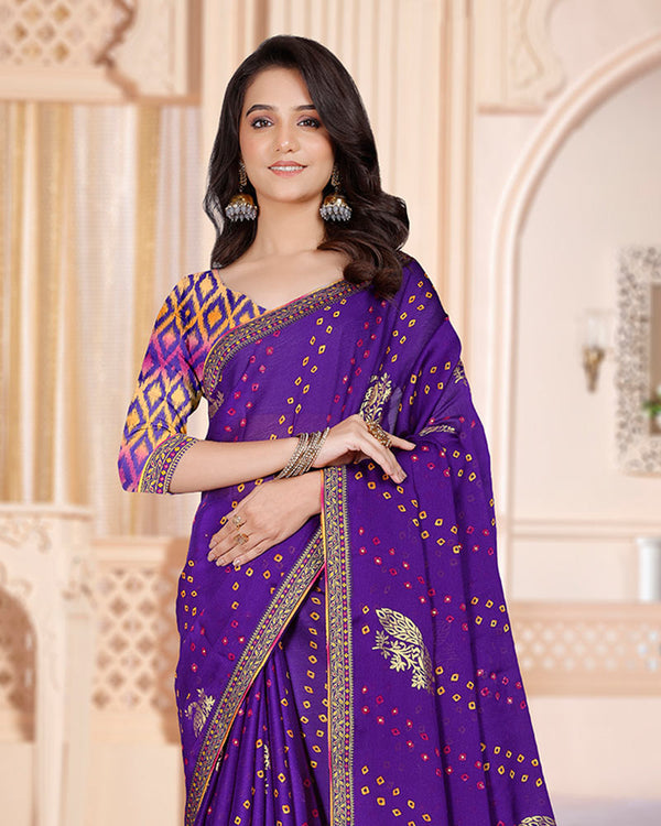 Vishal Prints Royal Purple Printed Chiffon Bandhani Print Saree With Foil Print And Zari Border