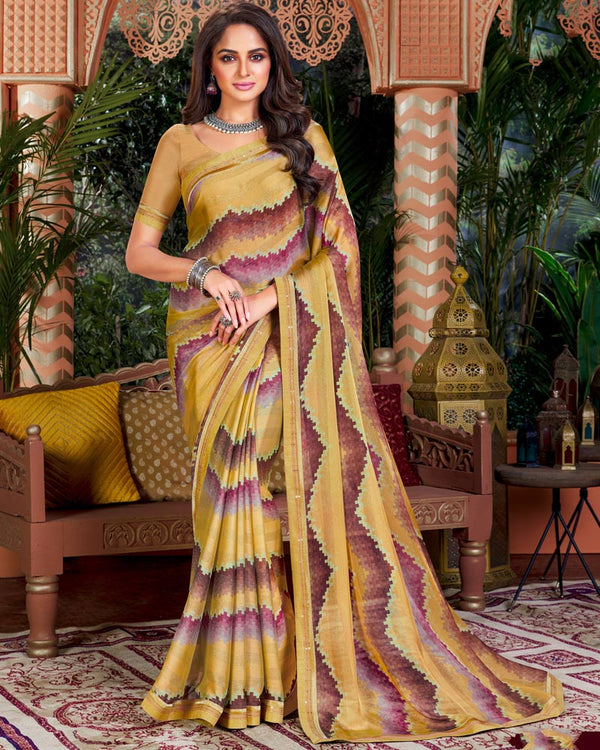 Vishal Prints Sand Brown Printed Fancy Chiffon Saree With Border