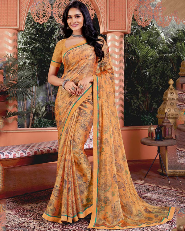 Vishal Prints Sand Brown Printed Fancy Chiffon Saree With Border