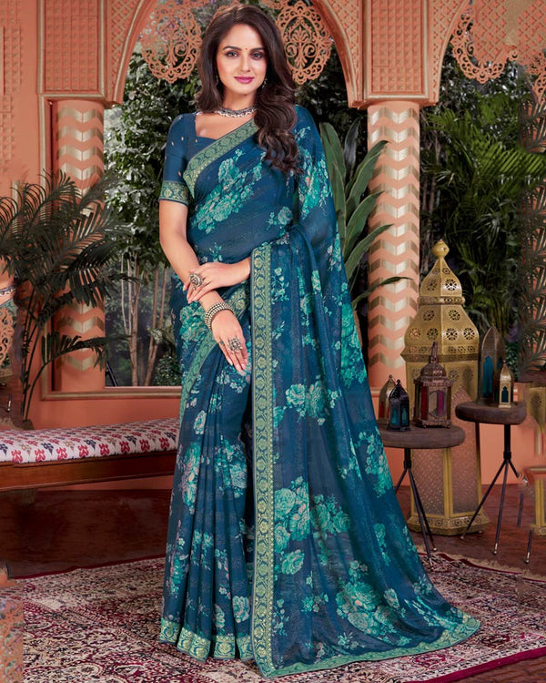 Vishal Prints Cello Blue Printed Fancy Chiffon Saree With Border