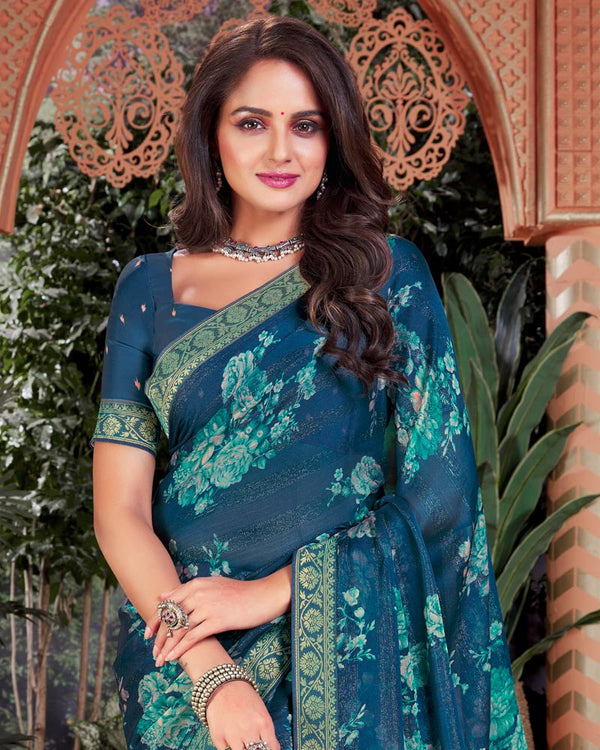 Vishal Prints Cello Blue Printed Fancy Chiffon Saree With Border