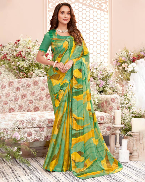 Vishal Prints Dark Mint Green Fancy Chiffon Digital Print Saree With Core Piping