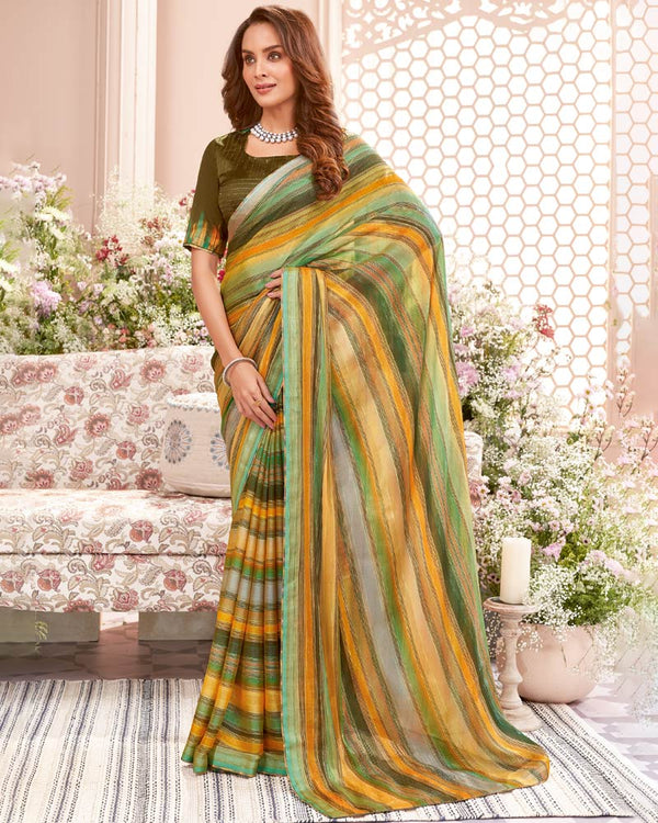 Vishal Prints Dark Khakhi Green Fancy Chiffon Digital Print Saree With Core Piping