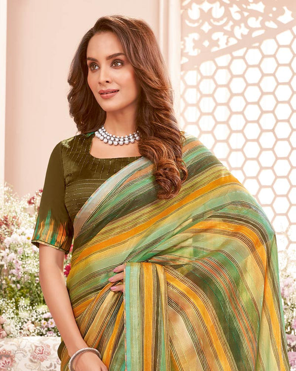 Vishal Prints Dark Khakhi Green Fancy Chiffon Digital Print Saree With Core Piping