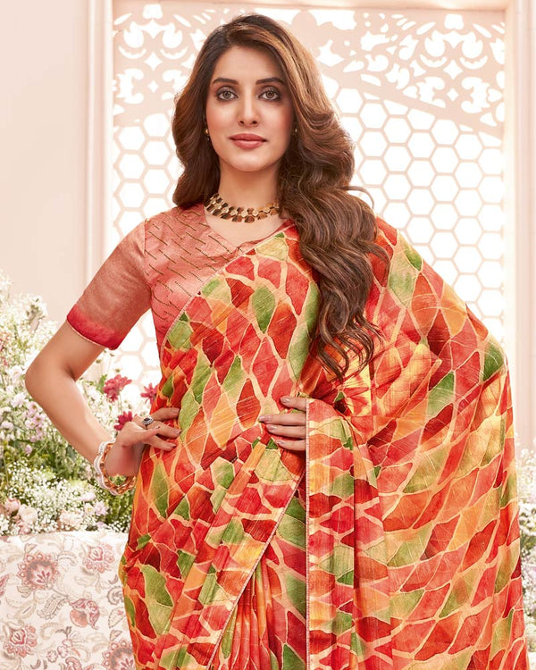 Vishal Prints Dark Red Fancy Chiffon Digital Print Saree With Core Piping