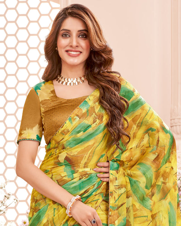 Vishal Prints Lime Yellow Fancy Chiffon Digital Print Saree With Core Piping