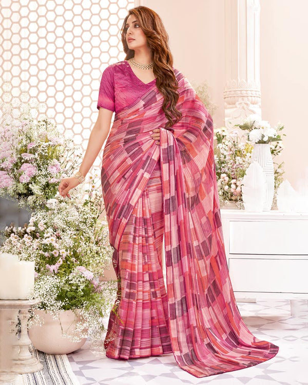 Vishal Prints Blush Pink Fancy Chiffon Digital Print Saree With Core Piping