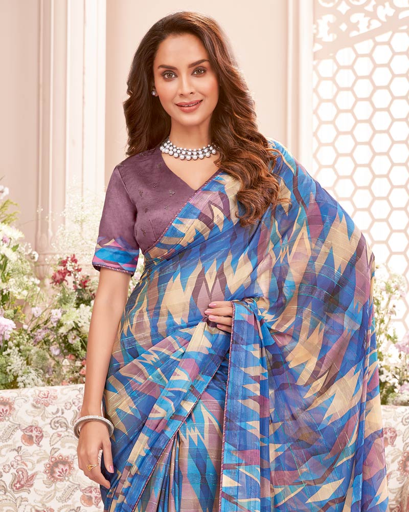 Vishal Prints Ink Blue Fancy Chiffon Digital Print Saree With Core Piping